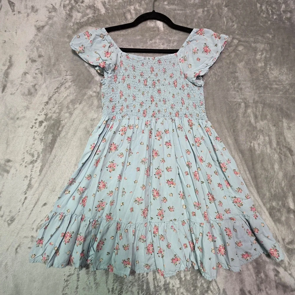 Childrens Place Girls Blue Floral Smocked Dress XL 14 Pink Rose Flutter Sleeve